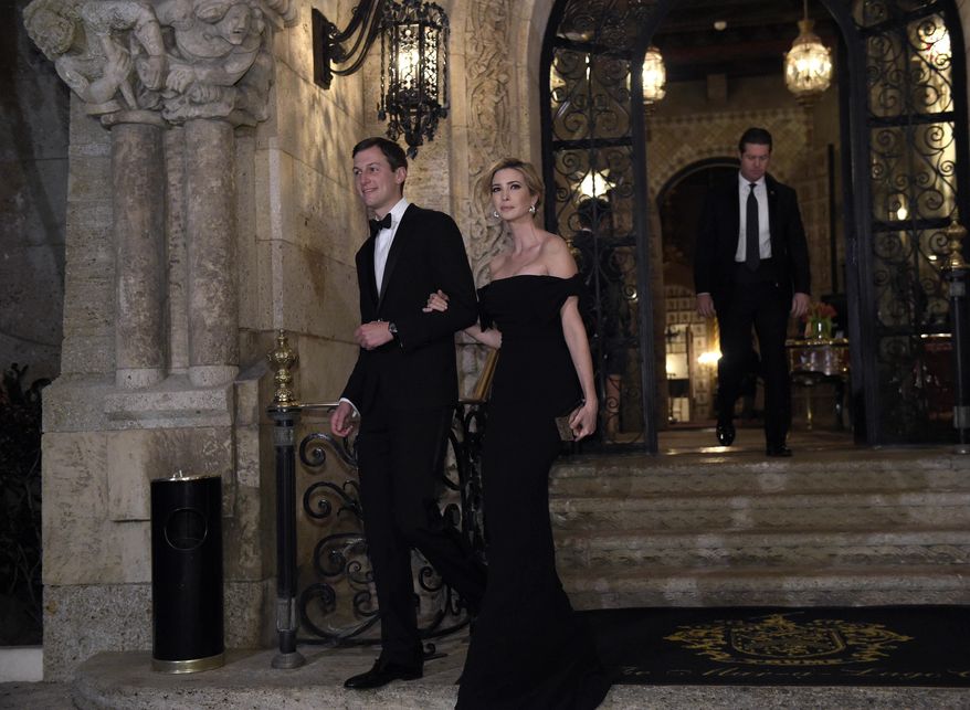 White House adviser Jared Kushner, left, and his wife Ivanka Trump, right, walk out of Mar-a-Lago in Palm Beach, Fla., Saturday, Feb. 11, 2017. (AP Photo/Susan Walsh)