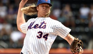 FILE - In this Aug. 11, 2016, file photo, New York Mets pitcher Noah Syndergaard works against the Arizona Diamondbacks in the first inning of a baseball game in New York. In a clubhouse that featured a rotation that ranked among the most oft-injured last year, Syndergaard stood out and was the Last Pitcher Standing as the long season unfolded. (AP Photo/Kathy Kmonicek, File)