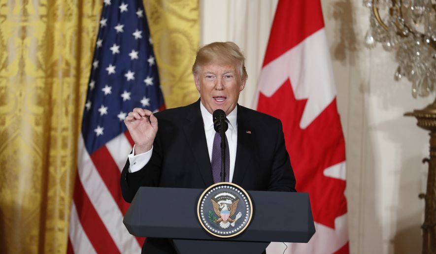 President Donald Trump speaks during a joint news conference with Canadian Prime Minister Justin Trudeau in the East Room of the White House in Washington, Monday, Feb. 13, 2017.  (AP Photo/Pablo Martinez Monsivais)