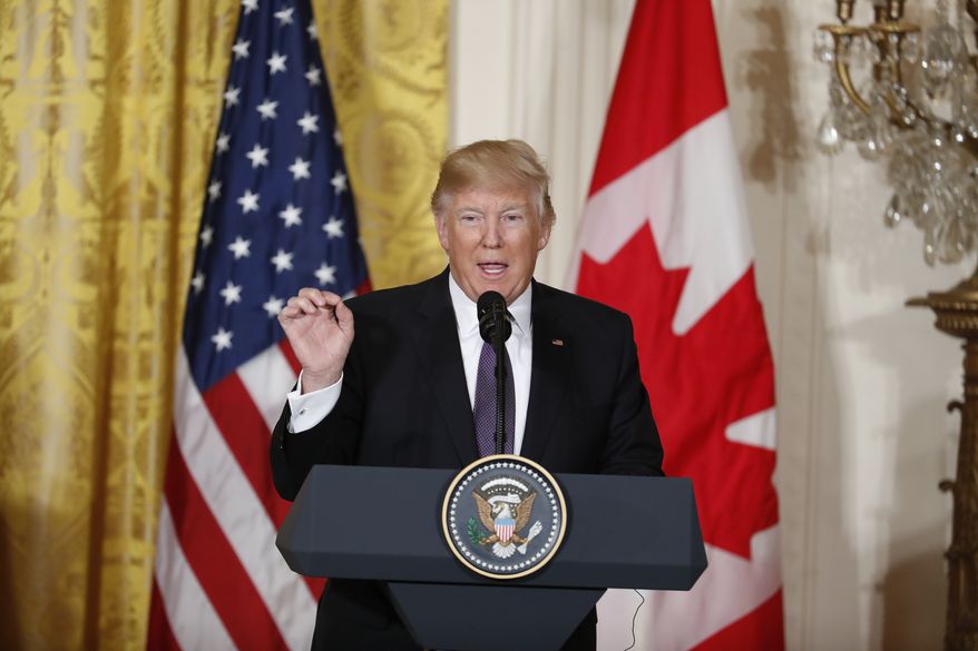 President Donald Trump speaks during a joint news conference with Canadian Prime Minister Justin Trudeau in the East Room of the White House in Washington, Monday, Feb. 13, 2017. (AP Photo/Pablo Martinez Monsivais)