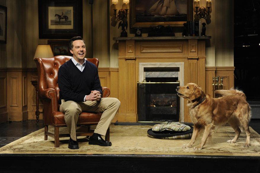 This Feb. 11, 2012, photo provided by NBC Universal shows Hudson, a golden retriever in a skit with Jason Sudeikis on the set of "Saturday Night Live" in New York. Hudson, owned by Christina and Taylor Potter, is competing in agility, at the 2017 Westminster Kennel Club dog show. (Dana Edelson/NBC Universal via AP)