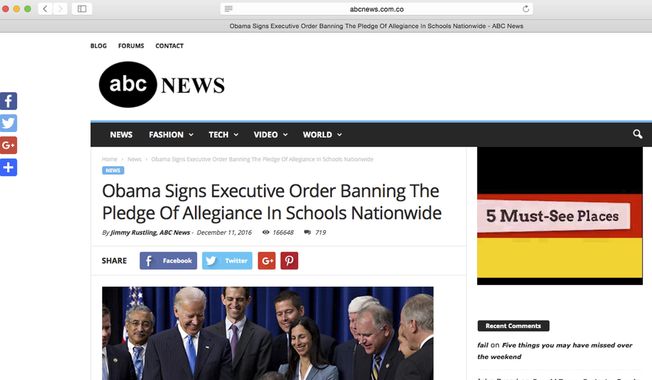 This Feb. 6, 2017, screen shot shows a website that falsely implies that it is from ABC News. The site is actually an imposter pedaling stories that aren't true and is an example North Carolina teacher Bill Ferriter gives to his students when teaching them to question whether a story could possibly be true and to look at web addresses and authors for hints that stories might be bogus. A “.co” at the end of an impostor news site web address should have been a red flag, Ferriter said. (AP Photo)