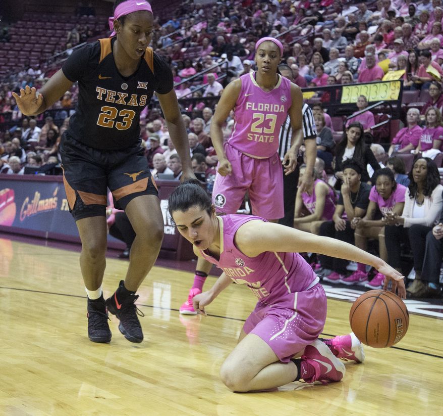 Florida State guard Leticia Romero recovers the ball after falling in the second half of an NCAA college basketball game against Texas in Tallahassee, Fla., Monday, Feb. 13, 2017. Texas defeated Florida State 88-92 in double overtime. (AP Photo/Mark Wallheiser)