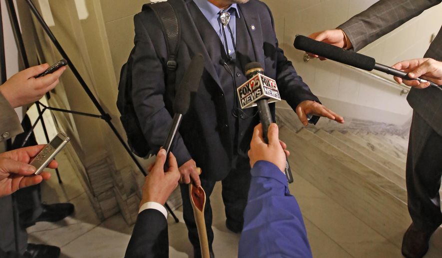 Oklahoma State Rep. Justin Humphrey talks to reporters following a Public Health Committee at the State Capitol in Oklahoma City, Tuesday, Feb. 14, 2017. Humphrey submitted House Bill 1441 requiring permission from the father before a woman gets an abortion. (Steve Gooch//The Oklahoman via AP)