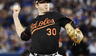 FILE - This Oct. 4, 2016 file photo shows Baltimore Orioles starting pitcher Chris Tillman throwing against the Toronto Blue Jays during the first inning of an American League wild-card baseball game in Toronto. Tillman won’t extend his streak of opening-day starts for Baltimore to four. As spring training opened, Orioles manager Buck Showalter said Tuesday, Feb. 14, 2017 the right-hander had a platelet-rich plasma injection on his right shoulder and will not pitch in a spring training game before March 17, As a result, Tillman won’t start the season until April 7 at the earliest. (Nathan Denette/The Canadian Press via AP)