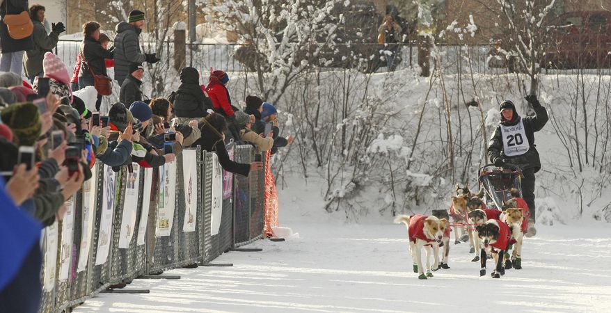 Matt Hall drives his team down the finish chute as he wins the 2017 Yukon Quest International Sled Dog Race Tuesday, Feb. 14, 2017 in Fairbanks, Alaska. The 1,000 race began in Whitehorse, Yukon, Canada just over 10 days ago. (Eric Engman/Fairbanks Daily News-Miner via AP)