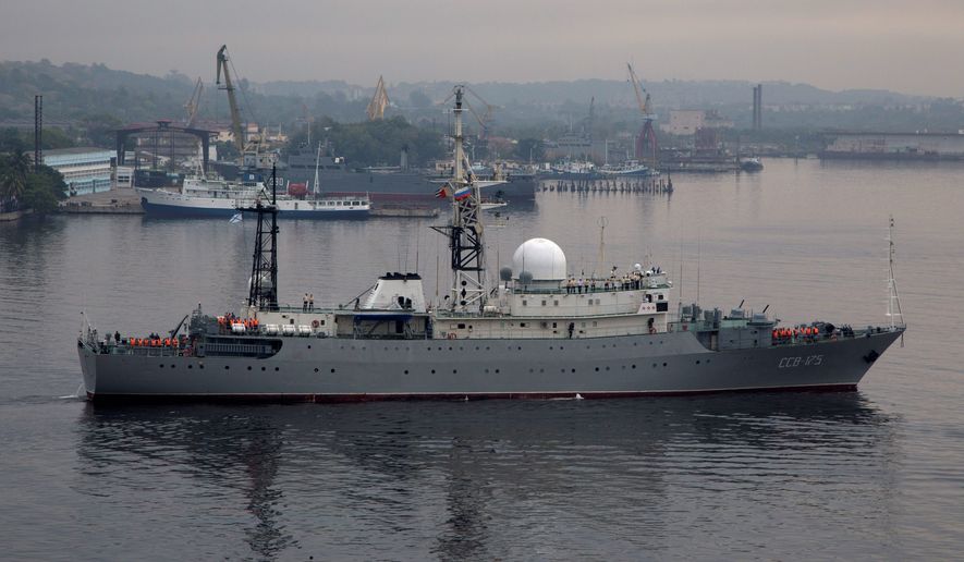 The Russian warship Viktor Leonov was spotted 30 miles off the U.S. coast, making Moscow-Washington relations edgier. (Associated press)