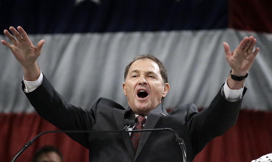 FILE - This April 23, 2016, file photo, Utah Gov. Gary Herbert speaks during the Utah Republican Party 2016 convention in Salt Lake City. Herbert said during an interview with The Associated Press Wednesday, Feb. 15, 2017, that he supports a proposal to eliminate the U.S. Department of Education and he hopes to use his trip to Washington next week to discuss states' authority and the new Bears Ears National Monument with President Donald Trump's administration. (AP Photo/Rick Bowmer, File)