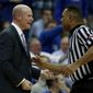 Seton Hall head coach Kevin Willard, left, argues with an official during the first half of an NCAA college basketball game against Creighton, Wednesday, Feb. 15, 2017, in Newark, N.J. (AP Photo/Julio Cortez)