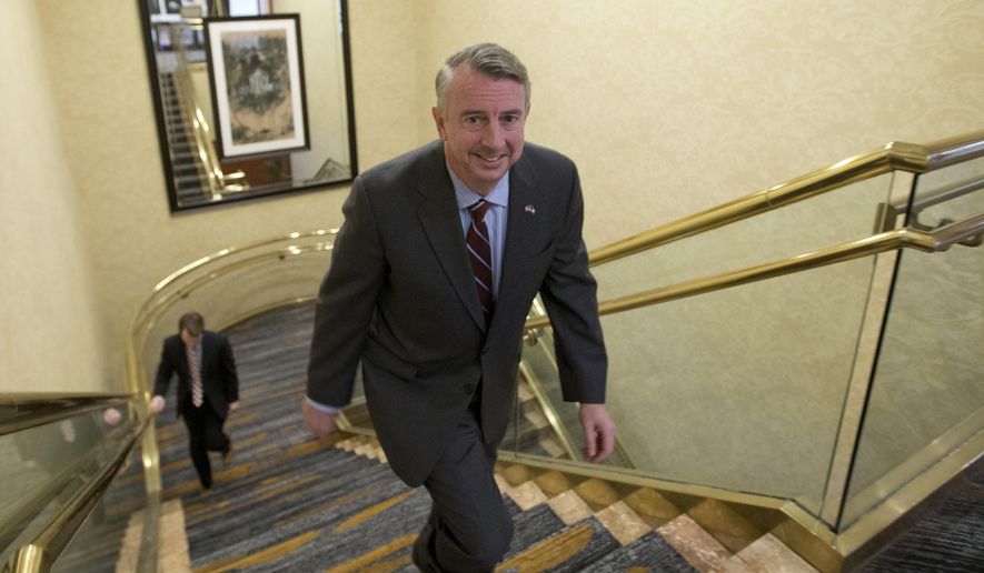 FILE - In this Friday, Jan. 27, 2017 file photo, Republican candidate for governor of Virginia, Ed Gillespie, arrives to deliver a speech before a meeting of the Coal &amp;amp; Energy Alliance group in Richmond, Va. In what sounds like an echo of 2016, governor’s races this year in Virginia and New Jersey are being swept up in many of the same political currents that emerged during last year’s turbulent presidential campaign. (AP Photo/Steve Helber, File)
