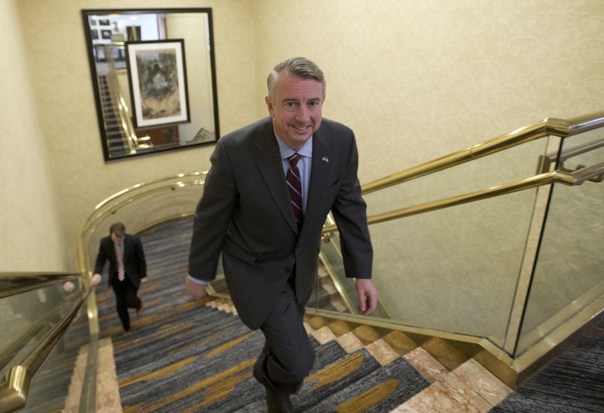 FILE - In this Friday, Jan. 27, 2017 file photo, Republican candidate for governor of Virginia, Ed Gillespie, arrives to deliver a speech before a meeting of the Coal & Energy Alliance group in Richmond, Va. In what sounds like an echo of 2016, governor’s races this year in Virginia and New Jersey are being swept up in many of the same political currents that emerged during last year’s turbulent presidential campaign. (AP Photo/Steve Helber, File)