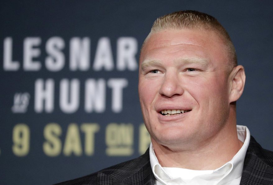 FILE - In this July 6, 2016, file photo, Brock Lesnar attends a UFC 200 mixed martial arts news conference in Las Vegas. Former UFC heavyweight champion Brock Lesnar has informed the mixed martial arts promotion that he is retired from competition. The UFC confirmed Lesnar's decision Wednesday, Feb. 15, 2017. (AP Photo/John Locher, File)