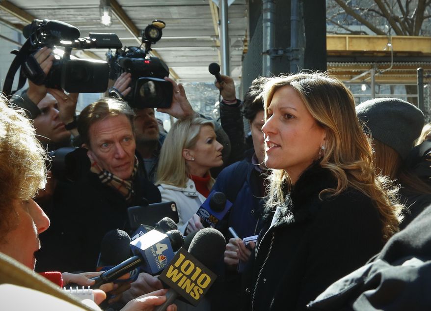 Jennifer O'Connor, right, a juror from the first Pedro Hernandez trial that ended deadlocked, holds a press briefing following a guilty verdict in Hernandez' second trial, Tuesday Feb. 14, 2017, in New York. The jury deliberated over nine days before finding Hernandez, 56, guilty of murder in the disappearance of 6-year-old Etan Patz 38 years ago. (AP Photo/Bebeto Matthews)