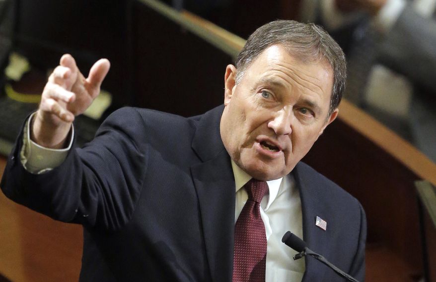 FILE - In this Jan. 25, 2017, file photo, Utah Gov. Gary Herbert speaks during his annual state of the state address at the Utah State capitol in Salt Lake City. A coalition of outdoor companies is ramping up threats to get a lucrative outdoor trade show to leave Utah unless the governor and elected officials back away from policies they say threaten public lands. Thirty outdoor companies sent a letter to Herbert on Tuesday, Feb. 14, 2017, saying the actions taken by Utah leaders threaten the outdoors industry. (AP Photo/Rick Bowmer, File)