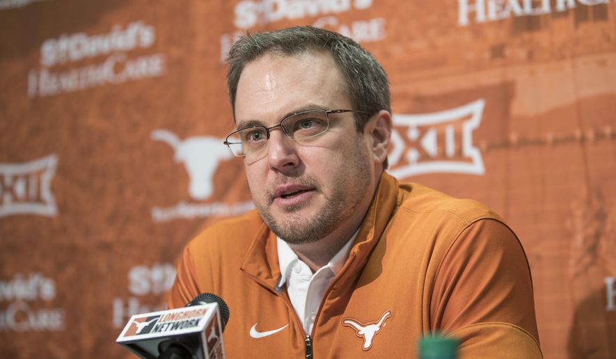 FILE - In this Jan. 5, 2017, file photo, Texas coach Tom Herman speaks during a news conference in Austin, Texas. The Longhorns are coming off three straight losing seasons under Charlie Strong, but there is no talk of rebuilding in Austin. The narrative at Texas is Strong recruited well enough that his successor is taking over a team with enough talent to make a quick turnaround. (Ricardo Brazziell/Austin American-Statesman via AP, File)