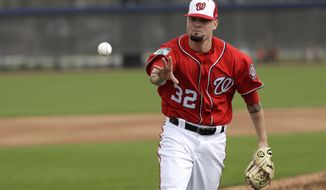 Washington Nationals relief pitcher Koda Glover tosses the ball to home during a spring training baseball workout Thursday, Feb. 16, 2017, in West Palm Beach, Fla. (AP Photo/David J. Phillip)