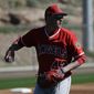 Los Angeles Angels starting pitcher Garrett Richards looks to throw during spring baseball practice in Tempe, Ariz., Wednesday, Feb. 15, 2017. (AP Photo/Chris Carlson)