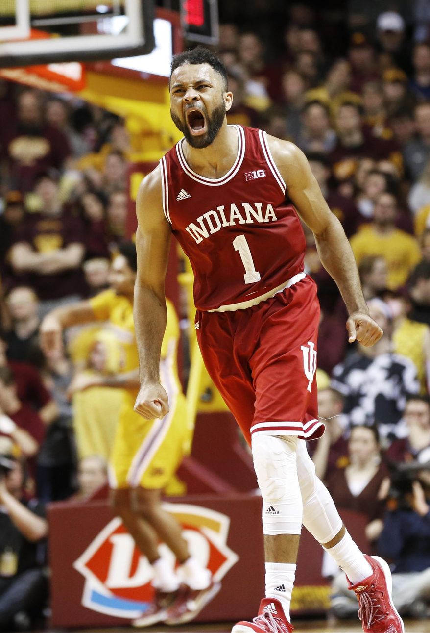 Indiana's James Blackmon Jr. celebrates his three-point basket during the second half of an NCAA college basketball game against Minnesota Wednesday, Feb. 15, 2017, in Minneapolis. Minnesota won 75-74. Blackmon led Indiana with 22 points. (AP Photo/Jim Mone)