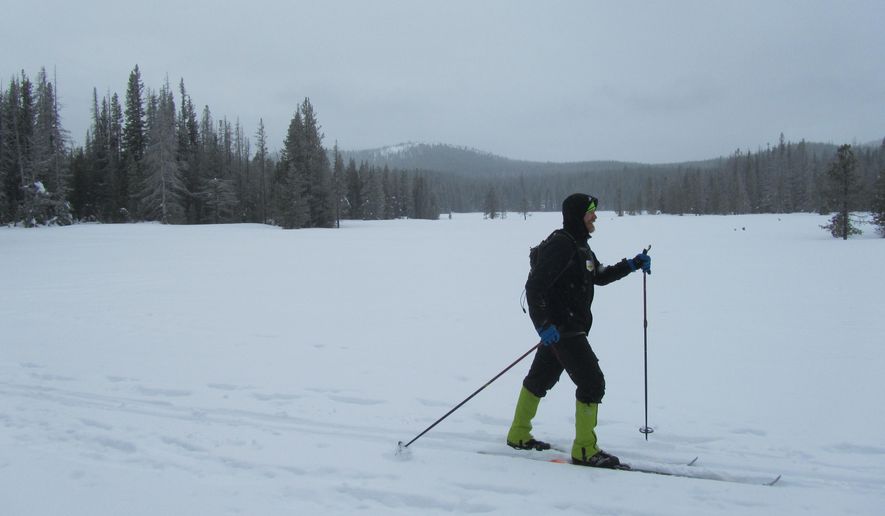 ADVANCE FOR WEEKEND EDITIONS, FEB. 18-19 - In this Feb. 2, 2017 photo, Ben Swinehart, of Bend, Ore., skis near Swampy Lakes, Ore. Escaping into winter is not difficult in Central Oregon. But escaping into winter and finding some solitude can be a challenge. (Mark Morical/The Bulletin via AP)