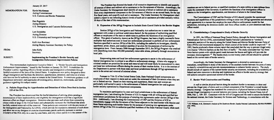 This image shows pages 1, 3 and 4 of an 11-page draft memo that circulated within the U.S. Department of Homeland Security that proposed calling for the militarization of immigration enforcement as far north as Portland, Oregon, and as far east as New Orleans, Louisiana. The proposal to mobilize as many as 100,000 National Guard troops to round up unauthorized immigrants, including millions living nowhere near the Mexico border, was still being considered as recently as Feb. 10, according to staffers at DHS. White House spokesman Sean Spicer said Friday there would be “no effort at all to utilize the National Guard to round up unauthorized immigrants." (AP Photo)