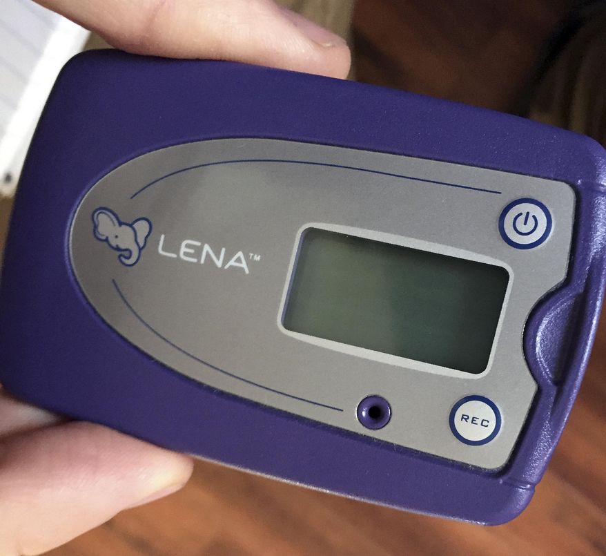 This Jan. 11, 2016, photo shows a digital audio recorder at a home in Providence, R.I. The city is in the third year of its effort to boost language skills for children from low-income families by equipping them with the devices that count every word they hear. During home visits, social workers go over the word counts with parents and suggest tips to boost the child's language skills. Even young infants can have conversations with mom or dad. Their turn just tends to involve a smile or some gibberish instead of words. That's a key lesson from programs that are coaching parents to talk more with their babies _ and recording their attempts. (AP Photo/Matt O'Brien)