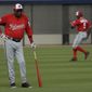 Washington Nationals manager Dusty Baker, left, watches players during a spring training baseball workout Sunday, Feb. 19, 2017, in West Palm Beach, Fla. (AP Photo/David J. Phillip)