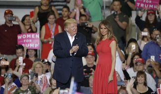 President Donald Trump with his wife, First Lady Melania Trump during a campaign rally Saturday, Feb. 18, 2017, in Melbourne, Fla. (AP Photo/Chris O&#39;Meara)