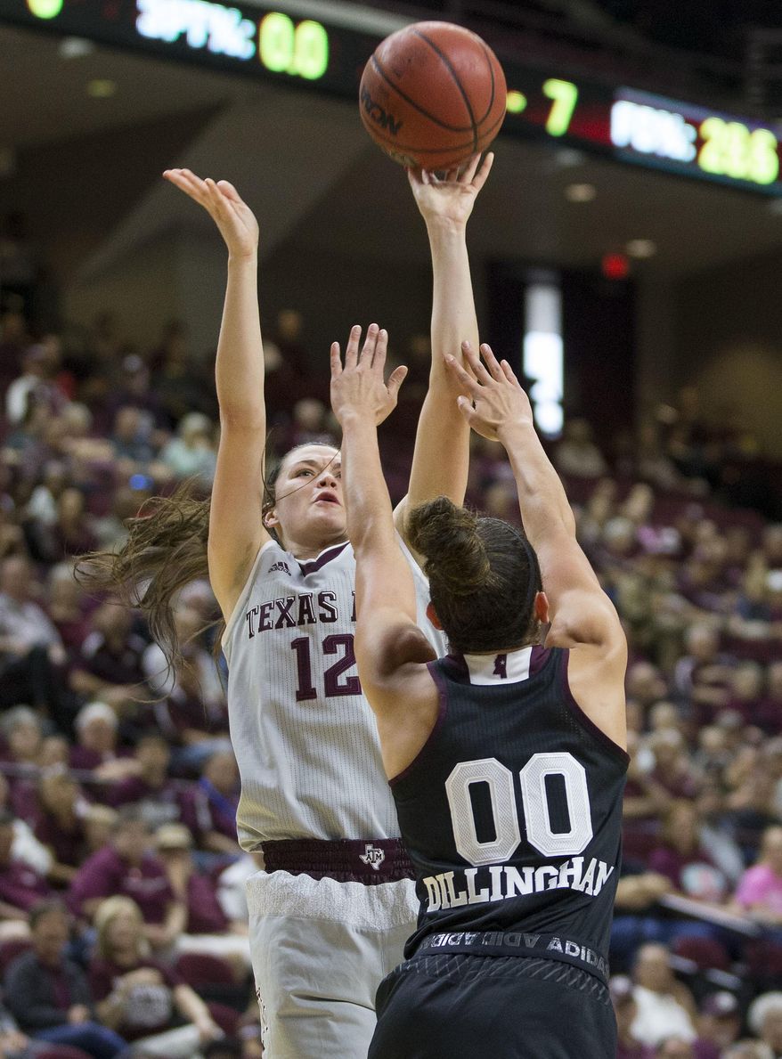 Texas A&M guard Danni Williams (12) shoots over Mississippi State guard Dominique Dillingham (00) during the first half of an NCAA college basketball game, Sunday, Feb. 19, 2017, in College Station, Texas. (AP Photo/Sam Craft)