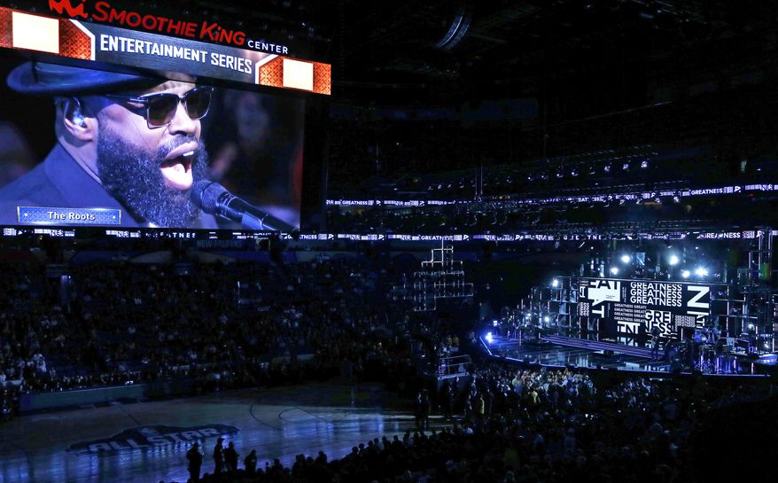 The Roots perform before the NBA All-Star basketball game, in New Orleans, Sunday, Feb. 19, 2017. (AP Photo/Max Becherer)
