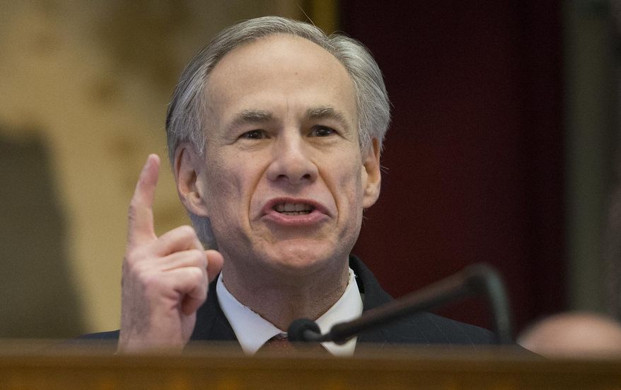 FILE - In this Jan. 31, 2017, file photo, Texas Gov. Greg Abbott delivers his State of the State address to a joint session of the House and Senate at the Texas Capitol in Austin. Gov. Abbott has slammed the NFL for opposing Texas' proposed transgender "bathroom bill." But the governor has also stopped short of endorsing the measure which faces a tough road in the GOP-controlled Legislature. (AP Photo/Stephen Spillman, File)