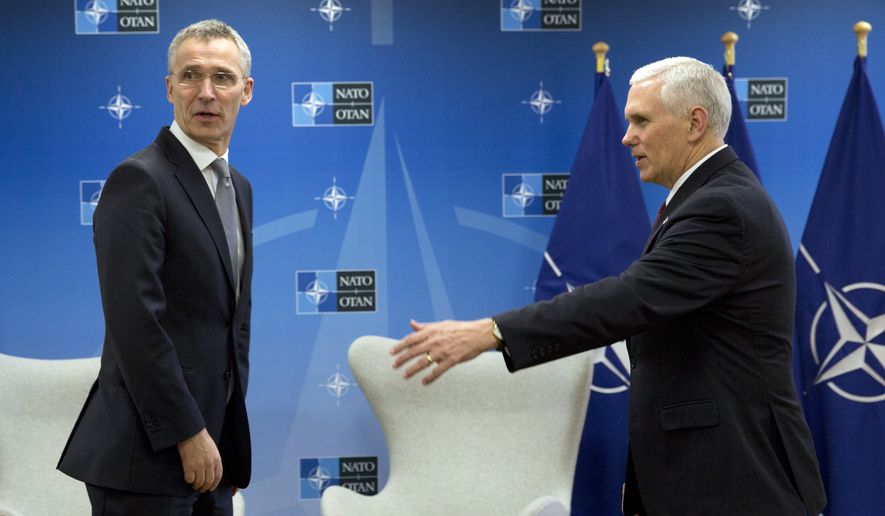 Vice President Mike Pence spoke with NATO Secretary-General Jens Stoltenberg in Brussels this week. (Associated Press)