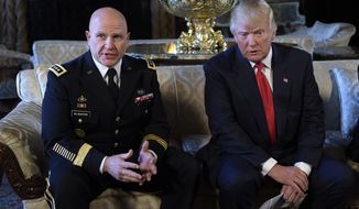 President Donald Trump, right, listens as Army Lt. Gen. H.R. McMaster, left, talks at Trump&#39;s Mar-a-Lago estate in Palm Beach, Fla., Monday, Feb. 20, 2017, where Trump announced that McMaster will be the new national security adviser. (AP Photo/Susan Walsh)
