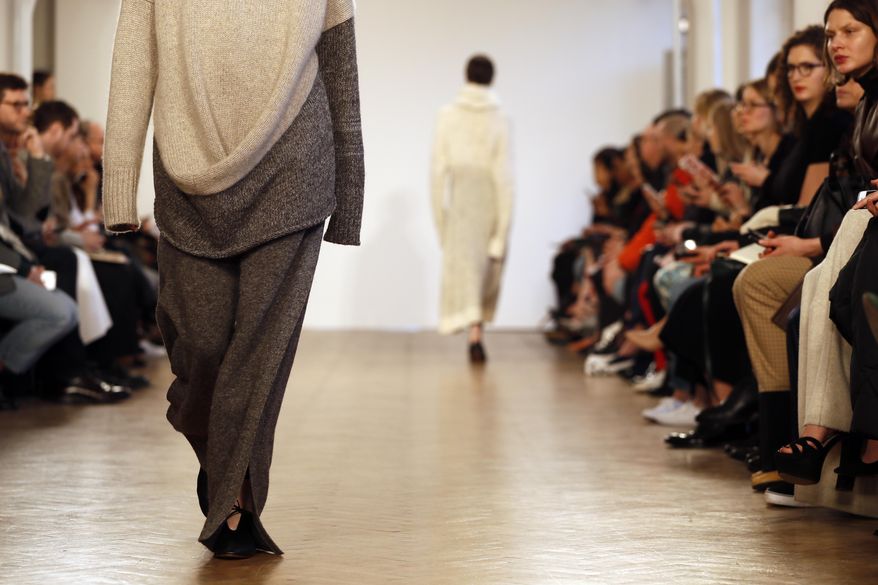 A model wears a creation by Pringle of Scotland during their Autumn/Winter 2017 show as part of London Fashion Week in London, Monday, Feb. 20, 2017. (AP Photo/Kirsty Wigglesworth)