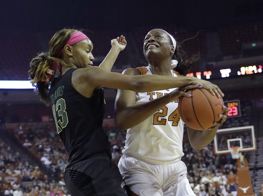 Texas guard/forward Joyner Holmes (24) is defended by Baylor forward Nina Davis (13) as she tires to score during the first half of an NCAA college basketball game Monday, Feb. 20, 2017, in Austin, Texas. (AP Photo/Eric Gay)