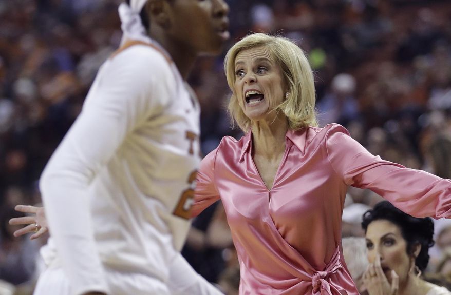 Baylor head coach Kim Mulkey yells to her players during the first half of an NCAA college basketball game against Texas, Monday, Feb. 20, 2017, in Austin, Texas. (AP Photo/Eric Gay)