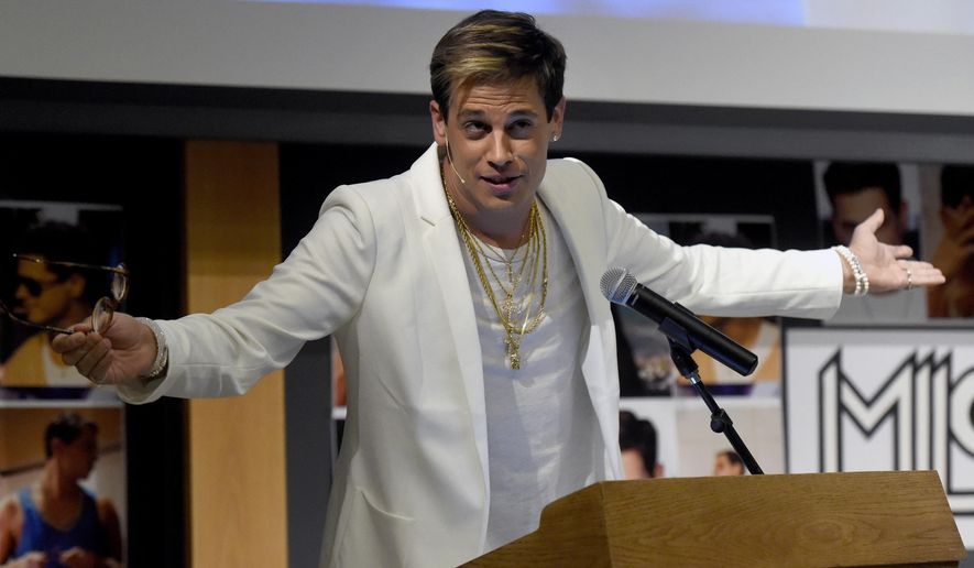 In this Jan. 25, 2017, file photo, Milo Yiannopoulos speaks on campus in the Mathematics building at the University of Colorado in Boulder, Colo. (Jeremy Papasso/Daily Camera via AP, File)