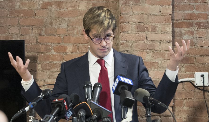 Milo Yiannopoulos speaks during a news conference, Tuesday, Feb. 21, 2017, in New York.  Yiannopoulos has resigned as editor of Breitbart Tech after coming under fire from other conservatives over comments on sexual relationships between boys and older men. (AP Photo/Mary Altaffer)