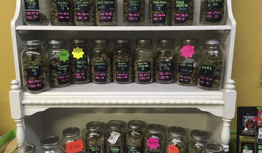 FILE - In this Sept. 27, 2016, file photo, different strains of marijuana are displayed in West Salem Cannabis, a marijuana shop in Salem, Ore. The Oregon Department of Revenue said Tuesday, Feb. 21, 2017, it received $5.3 million in marijuana tax payments in January. The grand total of $65.4 million is now far more than anticipated when the state started collecting a 25-percent tax from medical marijuana dispensaries in January 2016. Last month, recreational pot shops began charging a 17 percent tax. (AP Photo/Andrew Selsky)