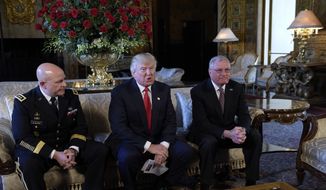President Donald Trump, center, speaks while seated with Army Lt. Gen. H.R. McMaster, left, and retired Army Lt. Gen. Keith Kellogg, right, at Trump&#39;s Mar-a-Lago estate in Palm Beach, Fla., Monday, Feb. 20, 2017, where Trump announced that McMaster will be the new national security adviser.  Kellogg, who had been his acting adviser, will now serve as the National Security Council chief of staff.  (AP Photo/Susan Walsh)