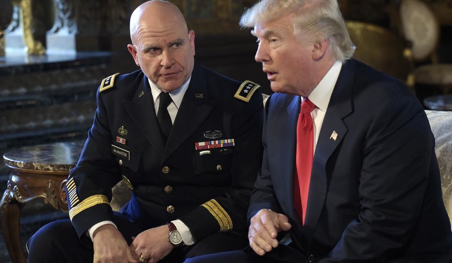 President Donald Trump, right, speaks as Army Lt. Gen. H.R. McMaster, left, listens at Trump&#x27;s Mar-a-Lago estate in Palm Beach, Fla., Monday, Feb. 20, 2017, where Trump announced that McMaster will be the new national security adviser. (AP Photo/Susan Walsh)