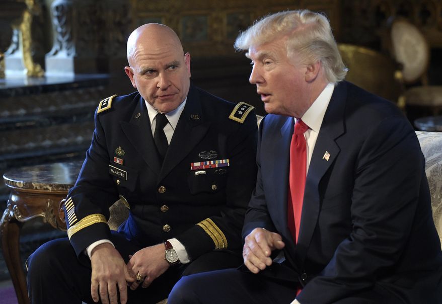 President Donald Trump, right, speaks as Army Lt. Gen. H.R. McMaster, left, listens at Trump&#39;s Mar-a-Lago estate in Palm Beach, Fla., Monday, Feb. 20, 2017, where Trump announced that McMaster will be the new national security adviser. (AP Photo/Susan Walsh)
