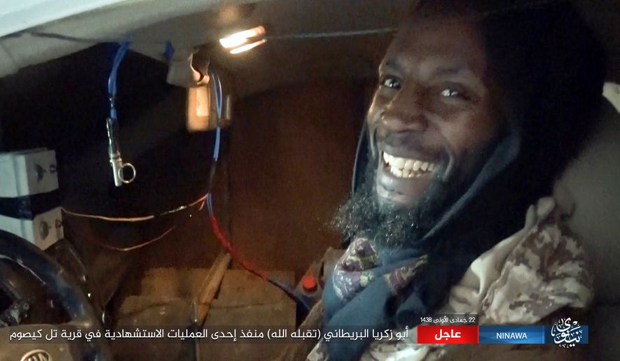 This militant photo released by Ninawa State, a media arm of the Islamic State terror group on Tuesday, Feb. 21, 2017 shows Abu Zakariya al-Britani, suicide bomber who attacked a military base in Iraq this week who was a former Guantanamo Bay detainee freed in 2004 after Britain lobbied for his release. The Islamic State group identified the bomber as Abu Zakariya al-Britani and two British security officials also confirmed the man featured in the Islamic State group video was a 50-year-old formerly Briton formerly known as Ronald Fiddler and as Jamal al-Harith. (Ninawa State via AP)