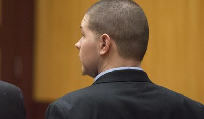 Tony Moreno looks to the jury as his guilty verdict is read by the jury foreperson in Middlesex Superior Court on Wednesday, Feb. 22, 2017 in Middletown, Conn.   Moreno threw 7-month-old Aaden off the Arrigoni Bridge that spans the Connecticut River between Middletown and Portland on July 15, 2015, and then jumped intending to kill himself, prosecutors said.  (Patrick Raycraft/Hartford Courant via AP)