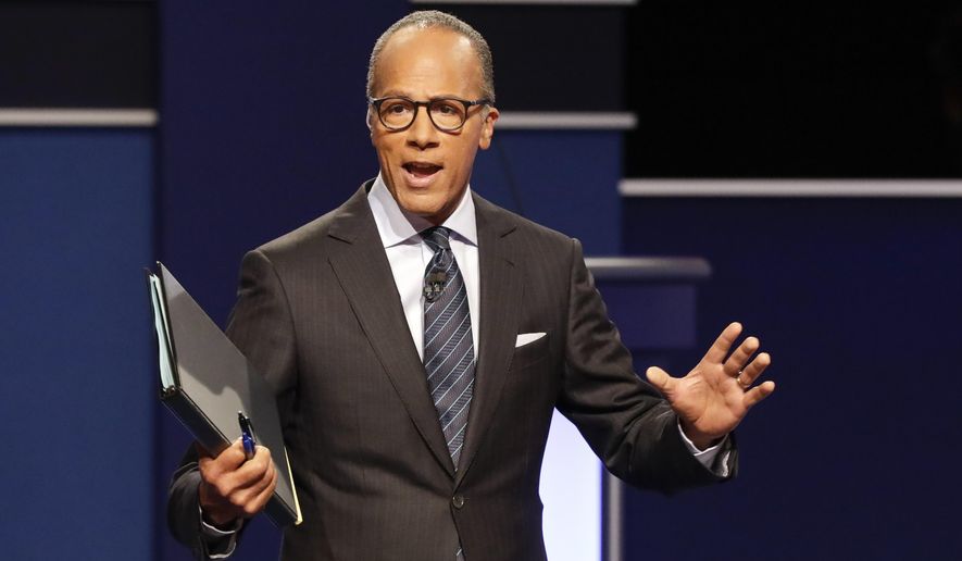 FILE - In this Sept. 26, 2016, file photo, moderator Lester Holt, anchor of NBC Nightly News, talks with audience before the presidential debate at Hofstra University in Hempstead, N.Y. On Feb. 21, 2017, Holt met a 7-year-old boy who mentioned him to a local news reporter in Portland, Oregon. (AP Photo/David Goldman, File)