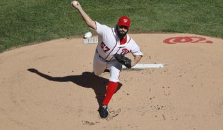 FILE - In this Oct. 9, 2016 file photo, Washington Nationals starting pitcher Tanner Roark pitches against the Los Angeles Dodgers during the first inning in Game 2 of baseball&#39;s National League Division Series at Nationals Park oct. in Washington. (AP Photo/Pablo Martinez Monsivais, File)