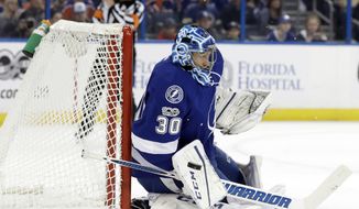 Tampa Bay Lightning goalie Ben Bishop (30) makes a blocker save on a shot by the Edmonton Oilers during the first period of an NHL hockey game Tuesday, Feb. 21, 2017, in Tampa, Fla. (AP Photo/Chris O&#39;Meara)