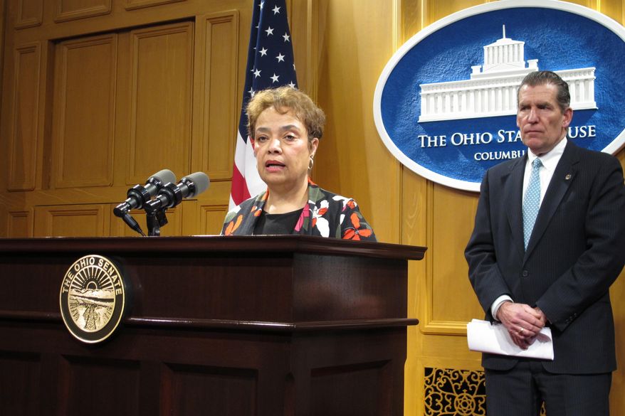 State Sen. Charleta Tavares discusses proposed legislation to help reduce the state's prison population by putting more emphasis on keeping nonviolent offenders in the community instead of behind bars, on Wednesday, Feb. 22, 2017, in Columbus, Ohio. Tavares said not every violation of the law necessitates a stay in prison. (AP Photo/Andrew Welsh-Huggins)