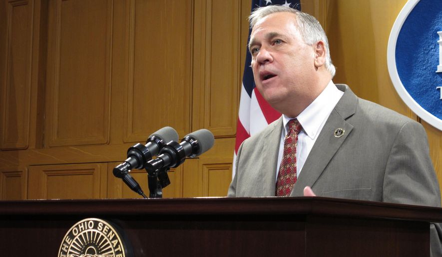 Gary Mohr, director of the Ohio Department of Rehabilitation and Correction, discusses proposed legislation to help reduce the state's prison population by putting more emphasis on keeping nonviolent offenders in the community instead of behind bars, on Wednesday, Feb. 22, 2017, in Columbus, Ohio. Mohr says that nationally, about 14 percent of offenders in state prisons are there for drug offenses, compared to 28 percent in Ohio. (AP Photo/Andrew Welsh-Huggins)