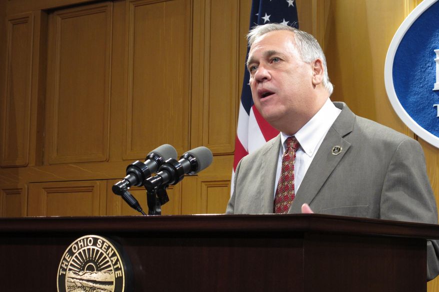 Gary Mohr, director of the Ohio Department of Rehabilitation and Correction, discusses proposed legislation to help reduce the state's prison population by putting more emphasis on keeping nonviolent offenders in the community instead of behind bars, on Wednesday, Feb. 22, 2017, in Columbus, Ohio. Mohr says that nationally, about 14 percent of offenders in state prisons are there for drug offenses, compared to 28 percent in Ohio. (AP Photo/Andrew Welsh-Huggins)