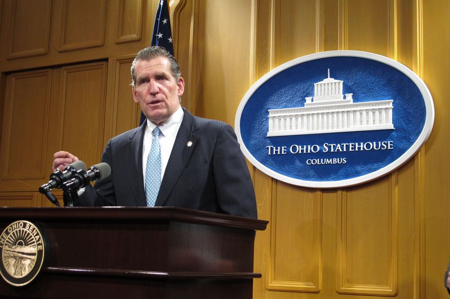State Sen. John Eklund discusses proposed legislation to help reduce the state's prison population by putting more emphasis on keeping nonviolent offenders in the community instead of behind bars, on Wednesday, Feb. 22, 2017, in Columbus, Ohio. Eklund says if offenders are doing their best to rehabilitate themselves, it doesn't make any sense to send them back to prison for minor violations of their parole. (AP Photo/Andrew Welsh-Huggins)